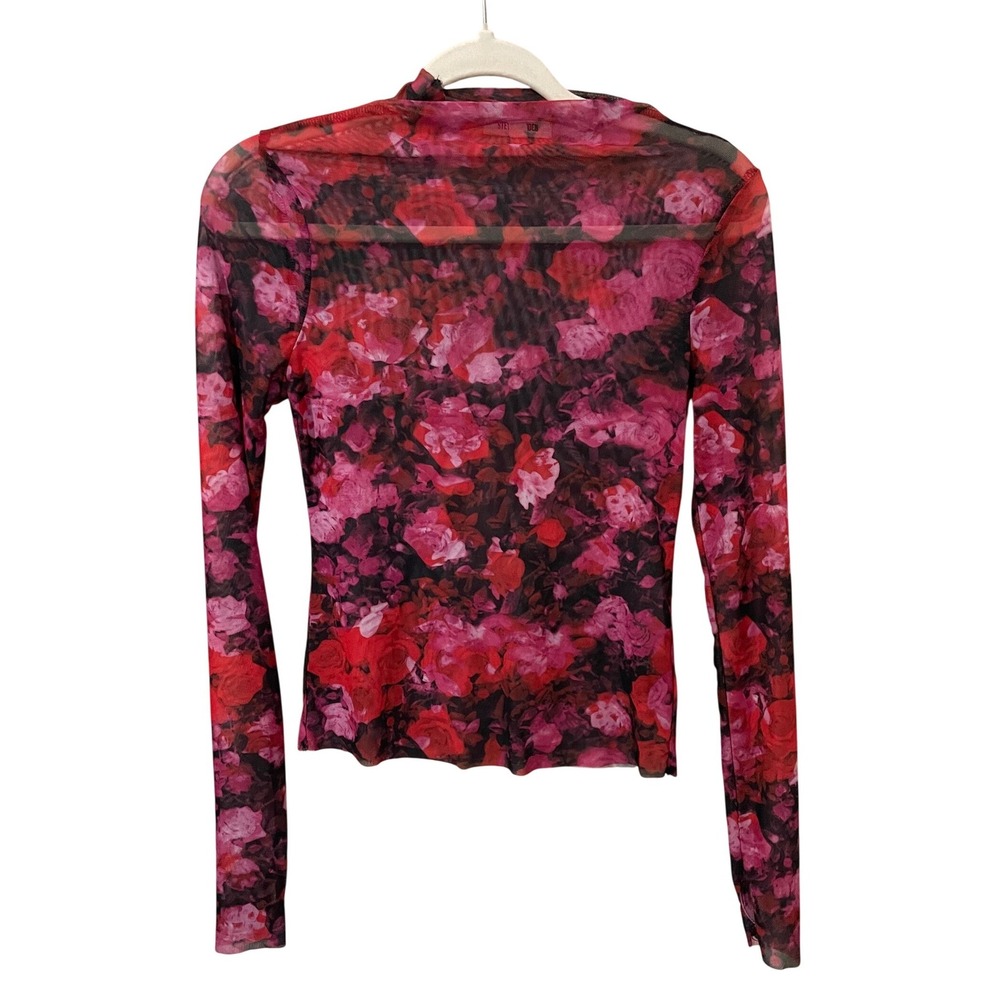 Steve Madden Size S Sheer Mesh Mock Neck Long Sleeve Floral Top Black Red Y2K